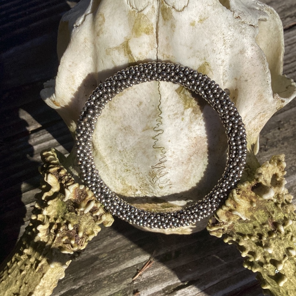 Silver Metallic Beaded Wrapped Solid Bangle Brace… - image 1